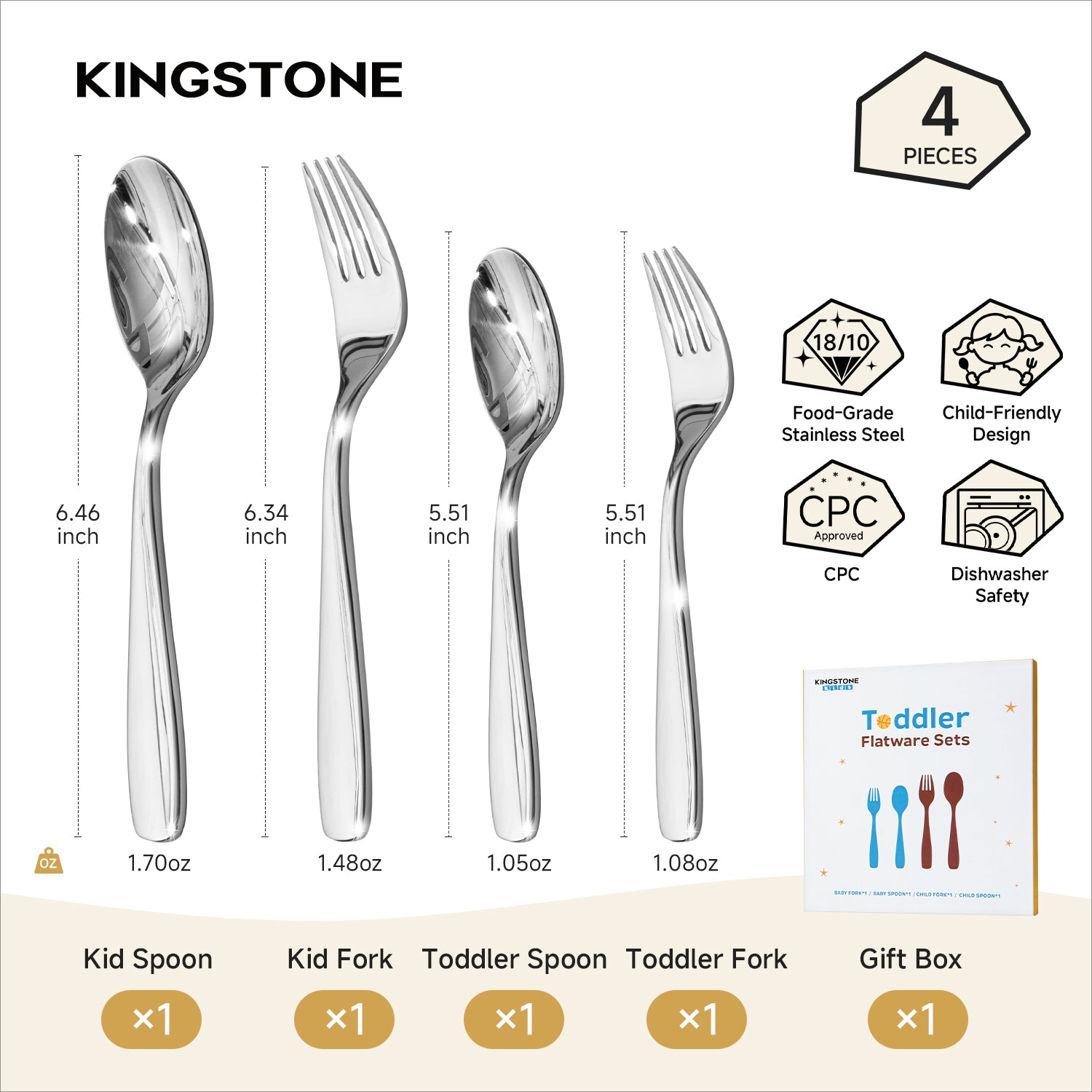 KINGSTONE Toddler Utensils Set with Case, 18/10 Stainless Steel Kids Silverware - Children Safe Small Fork & Spoon, Food-Grade Toddler Dishes, Mirror Polished, Dishwasher Safe