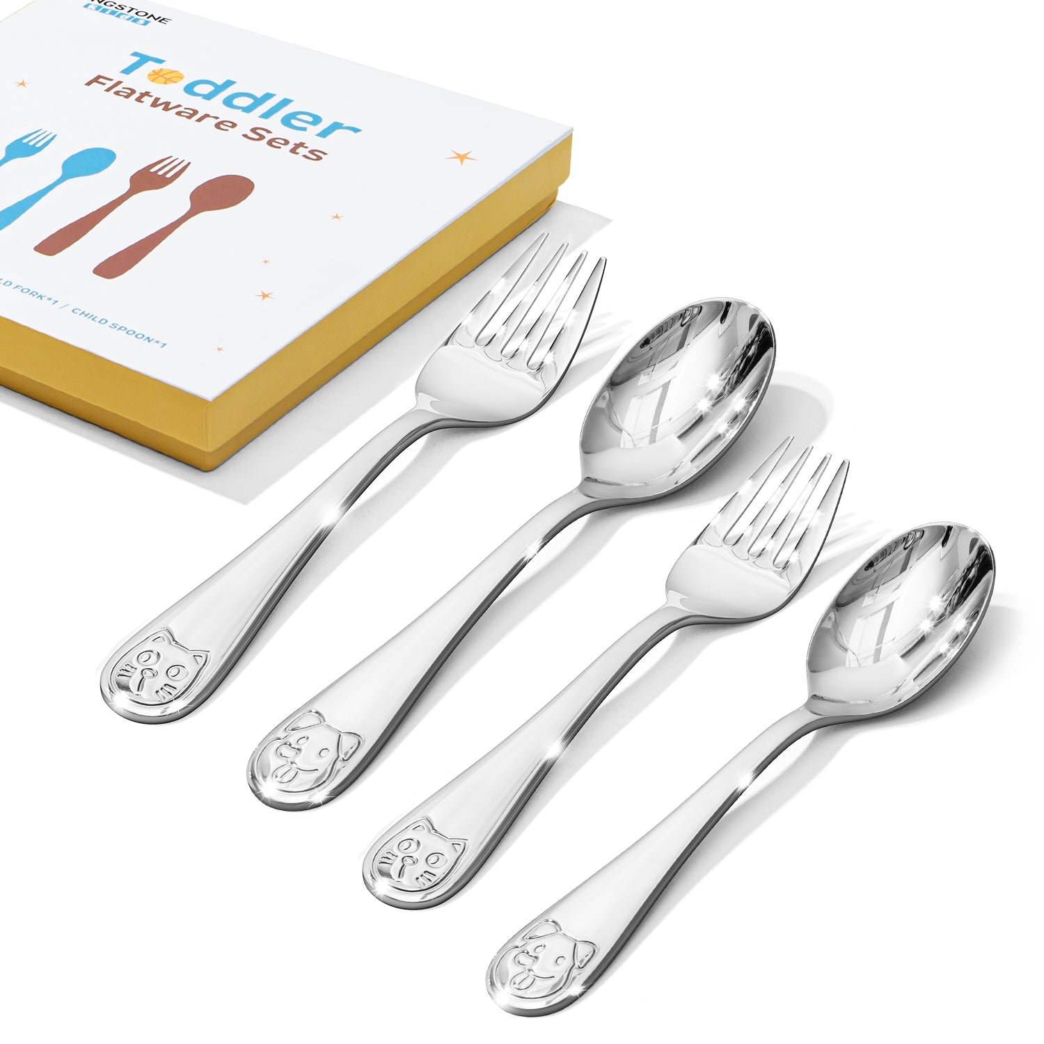 KINGSTONE Toddler Utensils Gift Set, Forks & Spoons, Small & Large, 18/10 Stainless Steel, Ergonomic Flatware for Toddlers & Kids, Self-Feeding