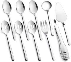KINGSTONE Large Hostess Serving Utensils Set,18/10 Stainless Steel Heavy Duty 10inch Serving Spoons,Slotted Spoons,Serving Fork,Serving Tongs, Cake Pie Server For Buffet, Wedding, Party