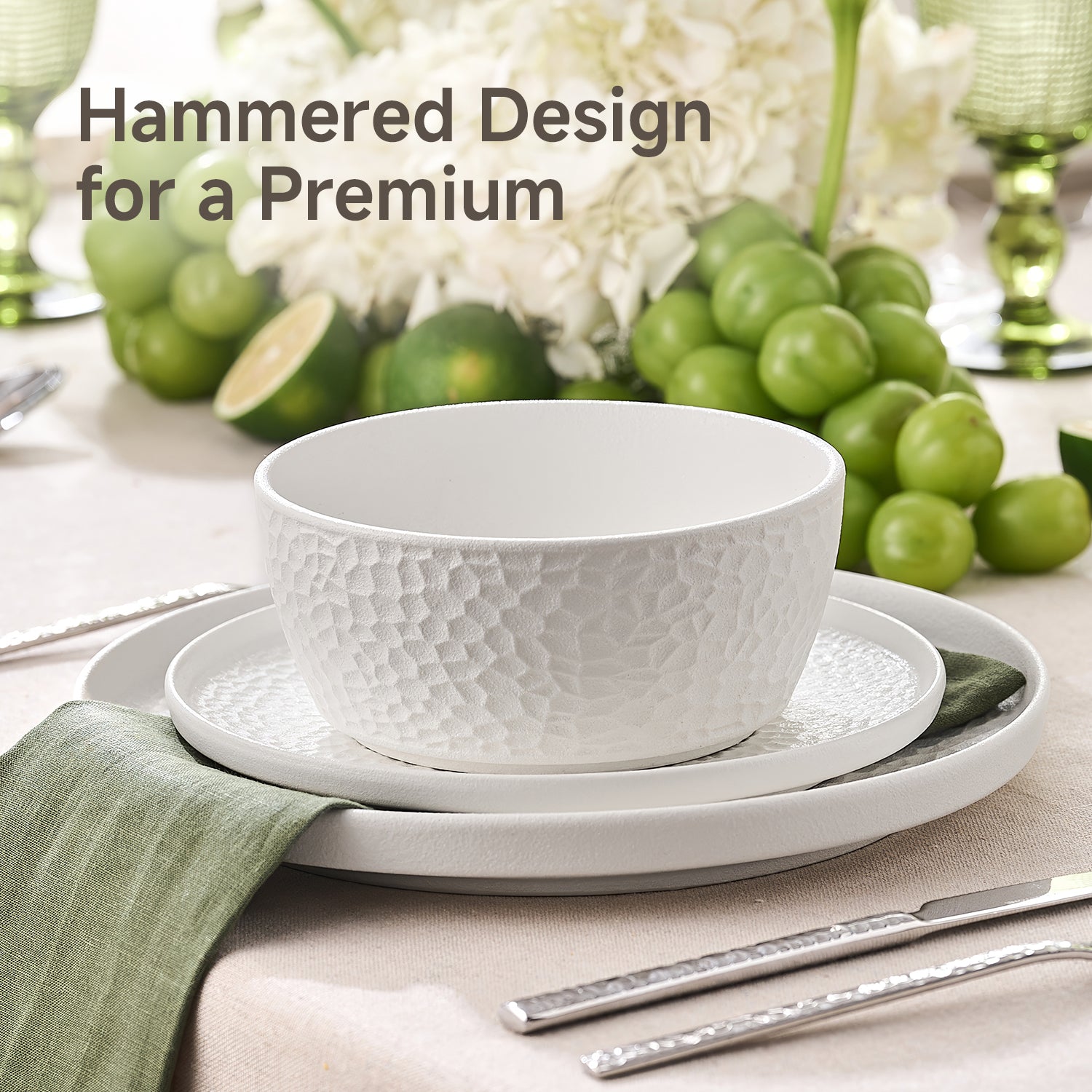 KINGSTONE Ceramic Dinnerware Set, Porcelain Plates and Bowls Set , Matte Black or White, Hammered Texture, Microwave, Dishwasher & Oven Safe, Perfect for Home, Weddings & Gifts