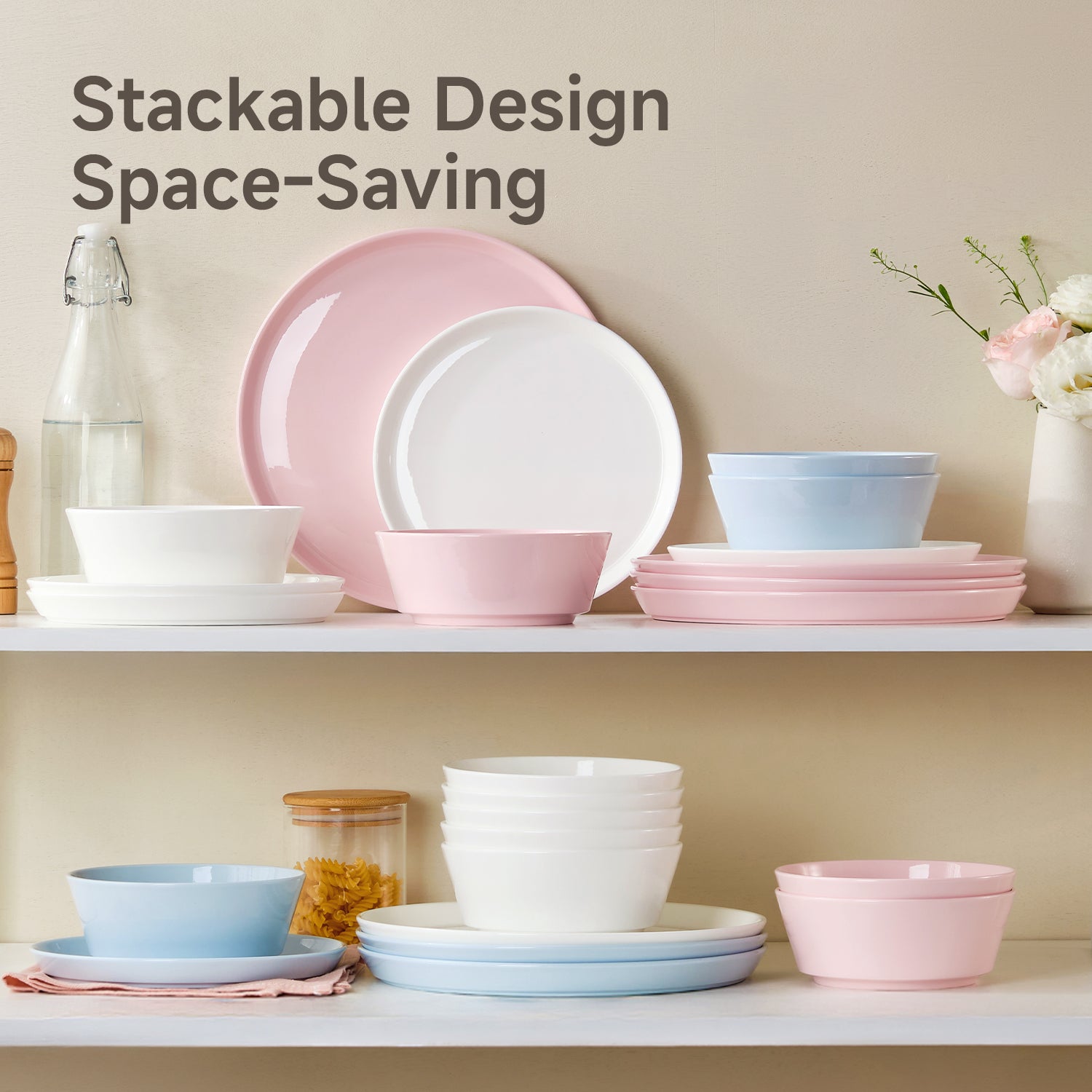 KINGSTONE Bone China Dinnerware Sets for 4, 12-Piece Lightweight Porcelain plates and bowls sets, Scratch Resistant Dish Set, Kitchen Dinner Set, for Home, Party, Gift, Microwave & Dishwasher Safe