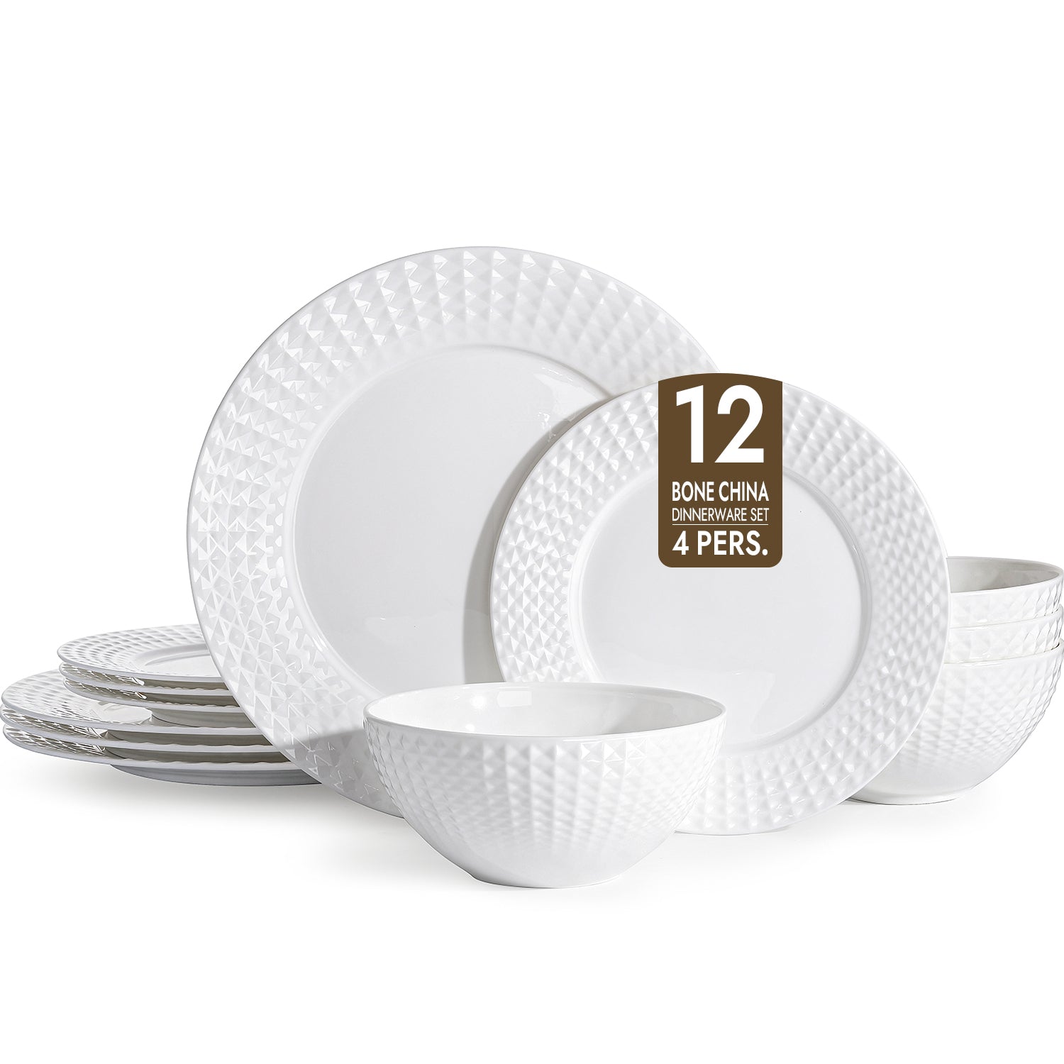 KINGSTONE Bone China Dinnerware Set, White Lightweight Porcelain, Plates and Bowls with Rhombus patterned edge design, Microwave and Dishwasher Safe, for Family, Restaurant, Gifting