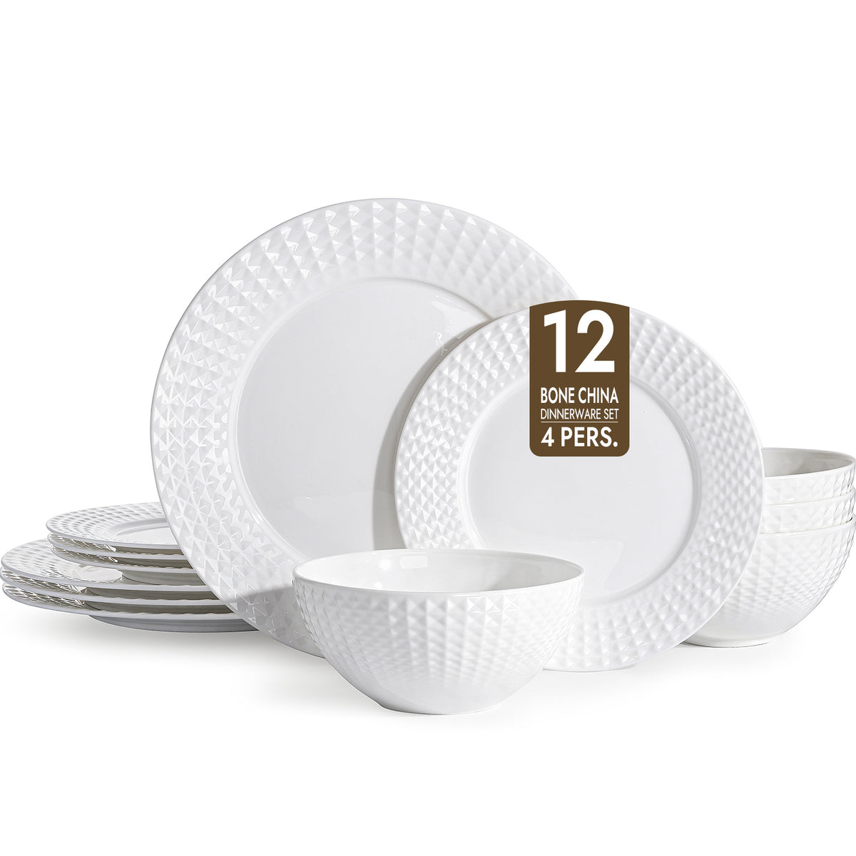 KINGSTONE Bone China Dinnerware Set, White Lightweight Porcelain, Plates and Bowls with Rhombus patterned edge design, Microwave and Dishwasher Safe, for Family, Restaurant, Gifting