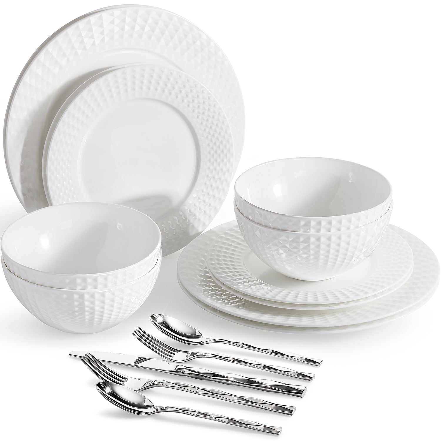 KINGSTONE Bone China Dinnerware Set, White Lightweight Porcelain, Plates and Bowls with Rhombus patterned edge design, Microwave and Dishwasher Safe, for Family, Restaurant, Gifting
