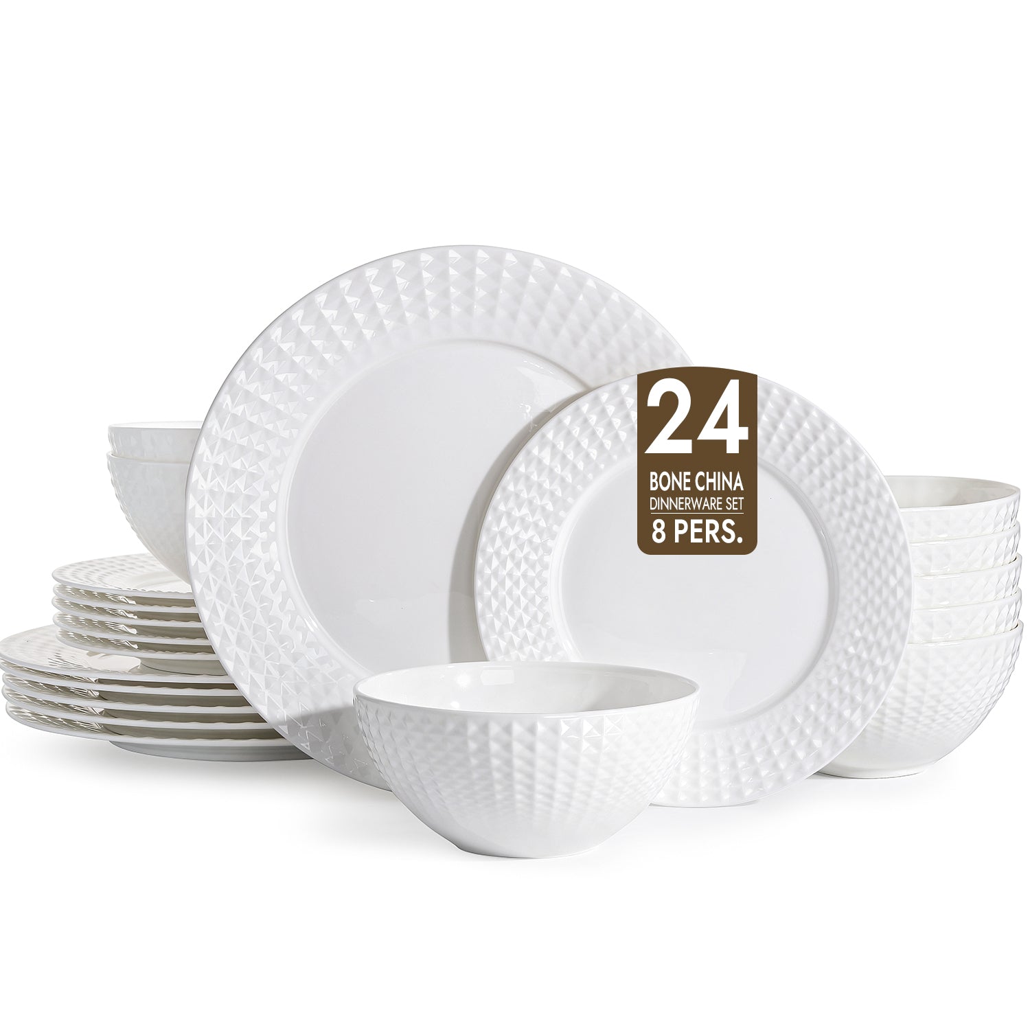 KINGSTONE Bone China Dinnerware Set, White Lightweight Porcelain, Plates and Bowls with Rhombus patterned edge design, Microwave and Dishwasher Safe, for Family, Restaurant, Gifting