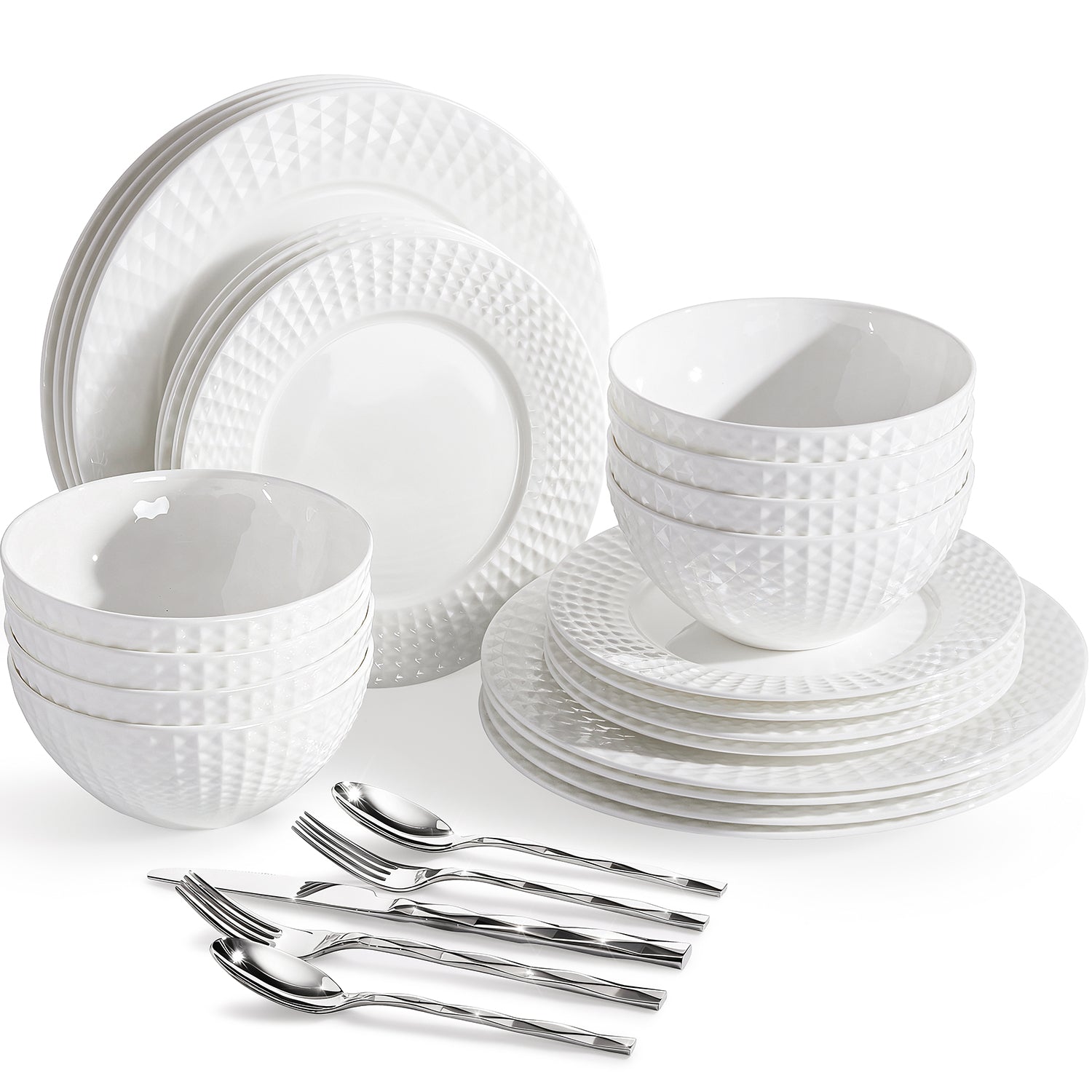 KINGSTONE Bone China Dinnerware Set, White Lightweight Porcelain, Plates and Bowls with Rhombus patterned edge design, Microwave and Dishwasher Safe, for Family, Restaurant, Gifting