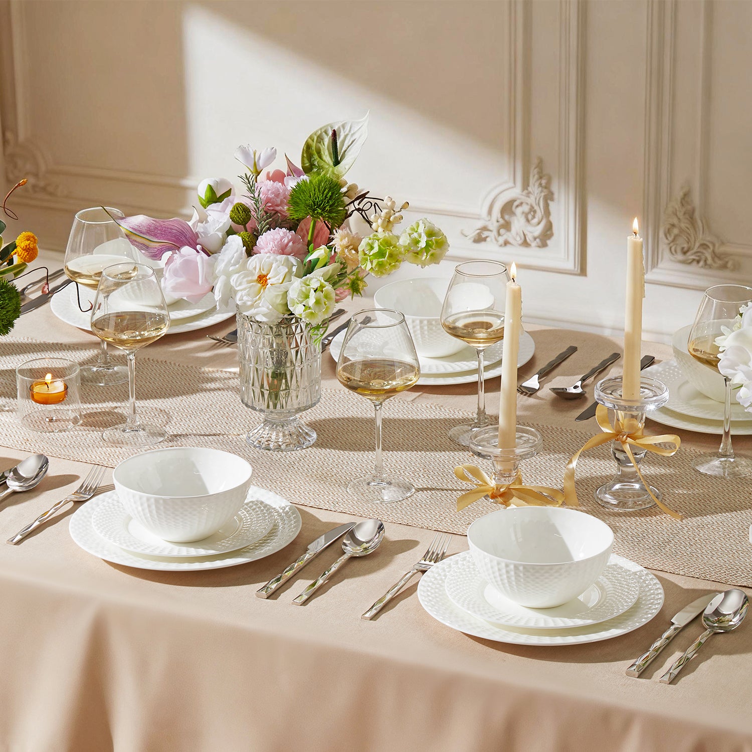 KINGSTONE Bone China Dinnerware Set, White Lightweight Porcelain, Plates and Bowls with Rhombus patterned edge design, Microwave and Dishwasher Safe, for Family, Restaurant, Gifting