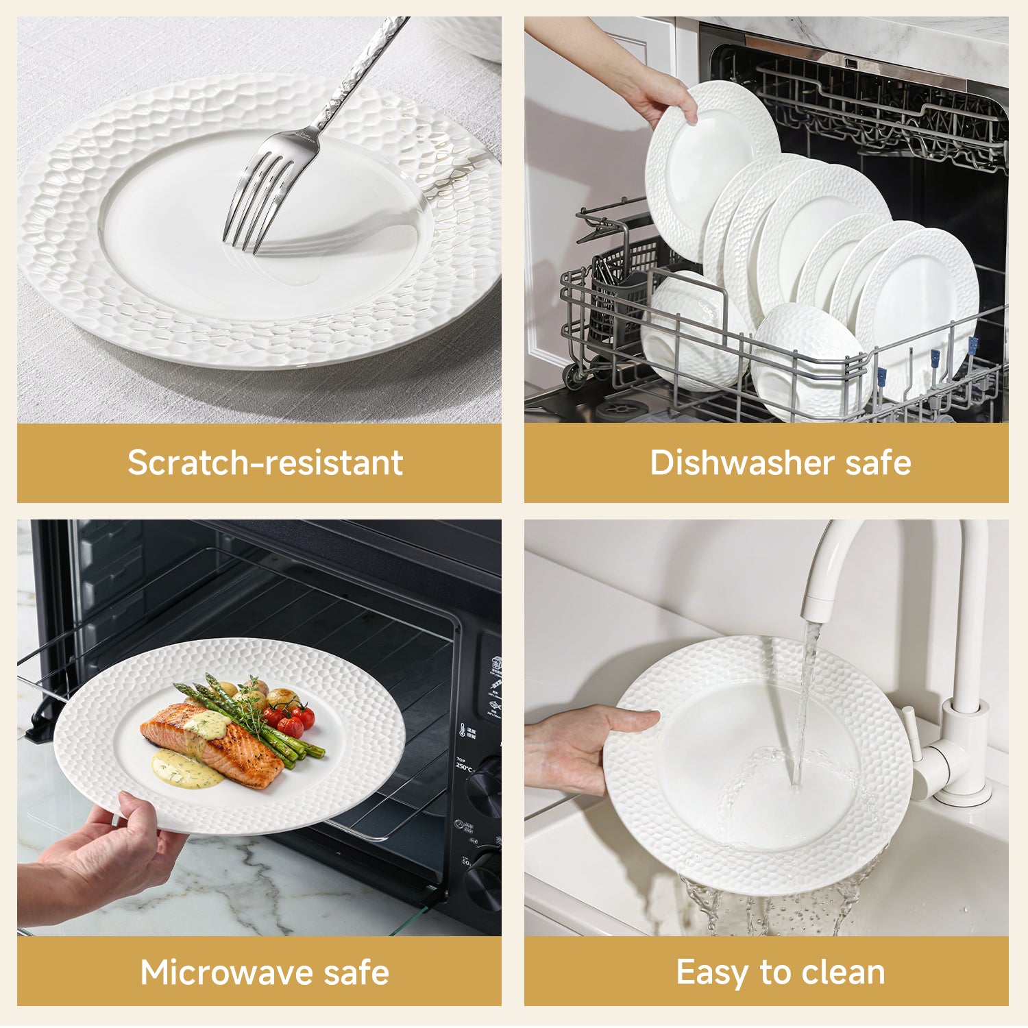 KINGSTONE Bone China Dinnerware Set, White Porcelain Tableware, Hammered Rim Plates and Bowls, Microwave and Dishwasher Safe, Elegant Dish Set for Wedding, Family & Restaurant
