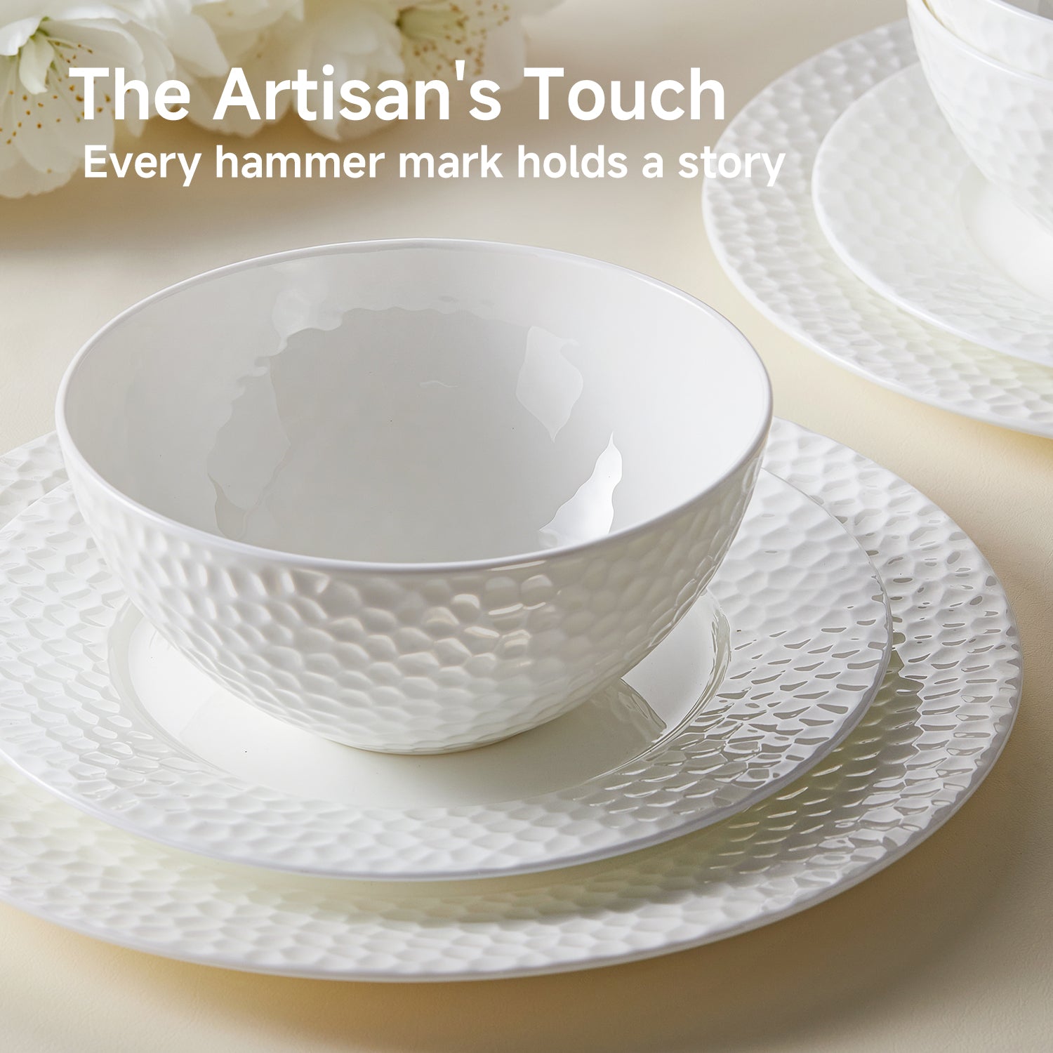 KINGSTONE Bone China Dinnerware Set, White Porcelain Tableware, Hammered Rim Plates and Bowls, Microwave and Dishwasher Safe, Elegant Dish Set for Wedding, Family & Restaurant