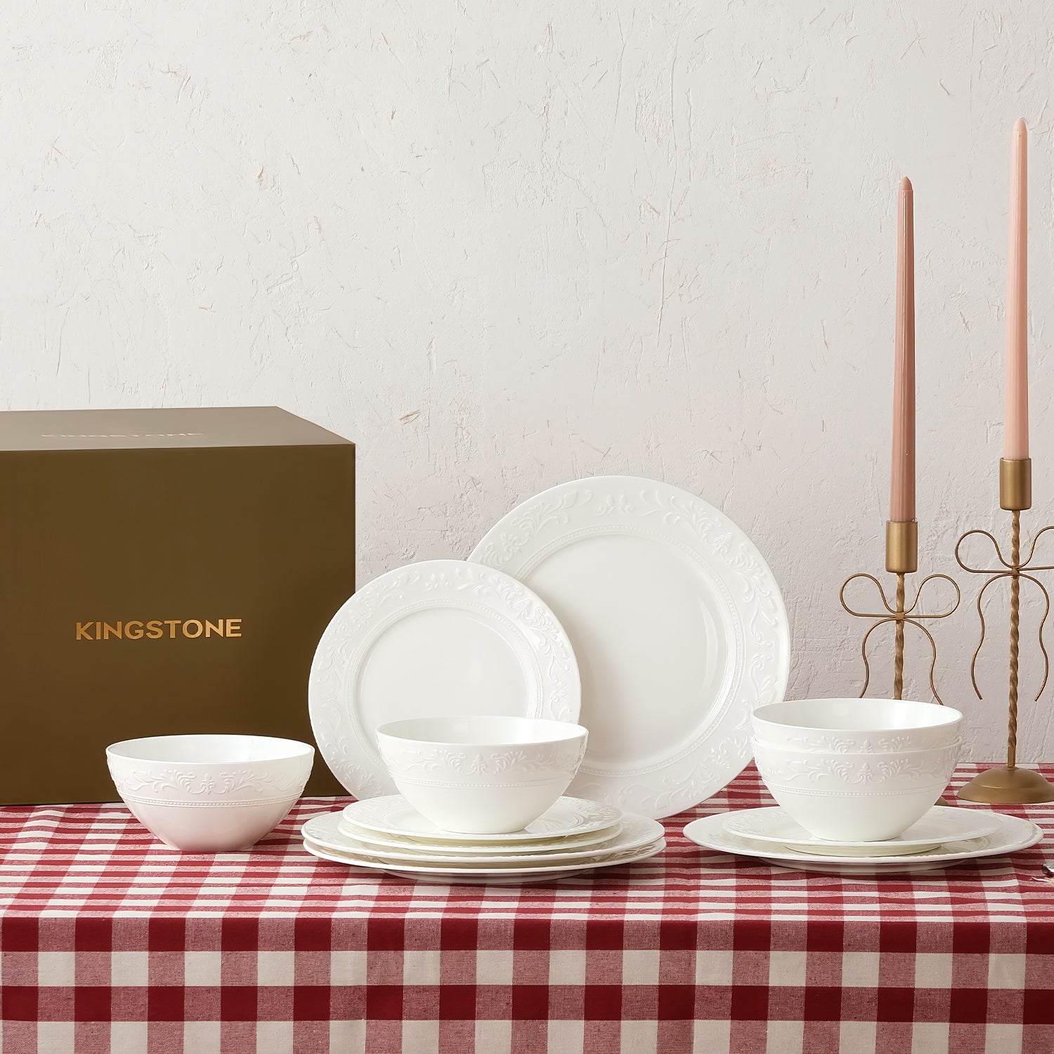 KINGSTONE Bone China Dinnerware Set, 12-Piece Dishes Set for 4, Vintage Relief Ceramic Plates & Bowls, Lightweight Translucent Dishware for Home Dining, Festival Banquet, Party & Gift
