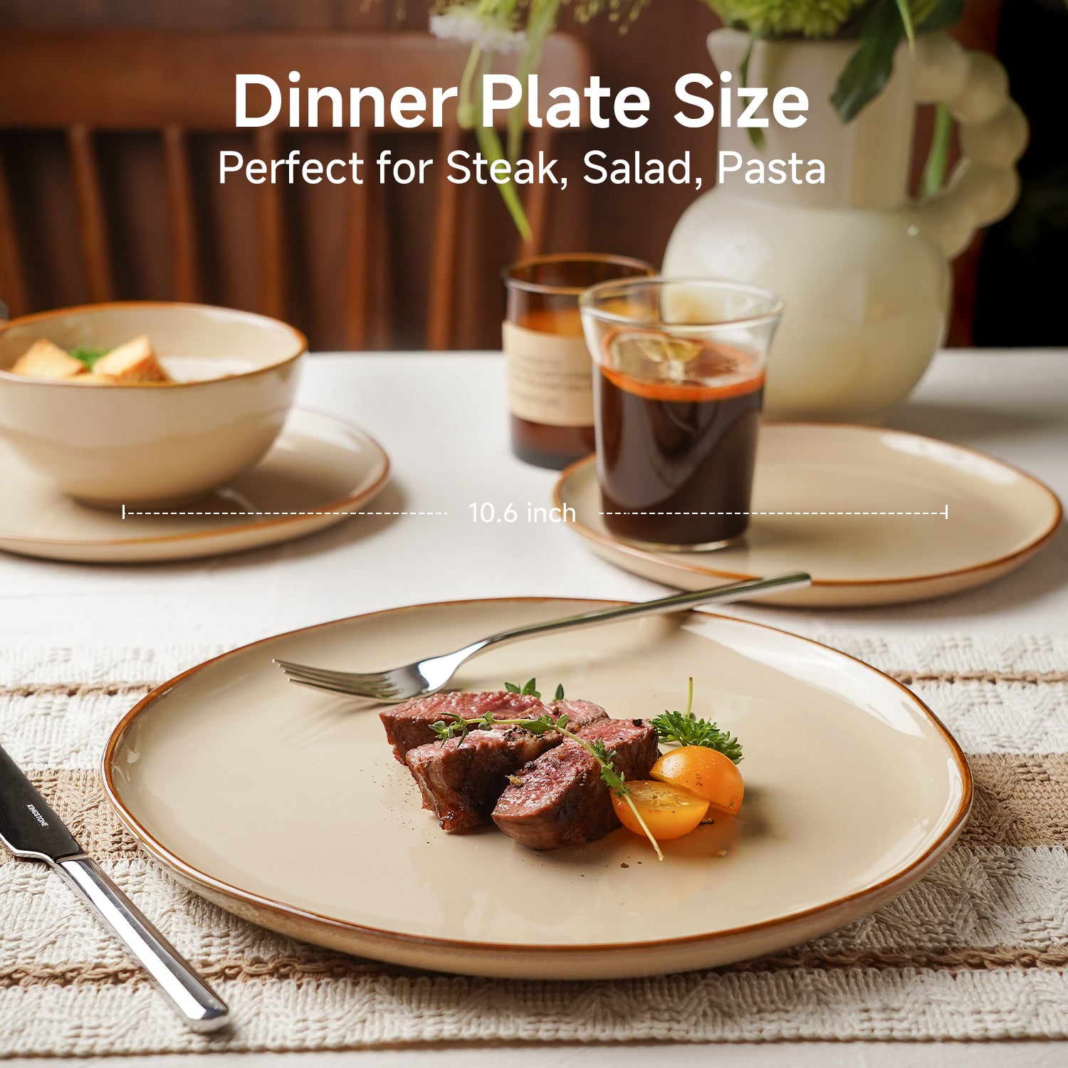 KINGSTONE Stoneware Plate Sets, Reactive Glaze Porcelain Plates with Muted Earth Tones, Rustic Ceramic Dish Set for Home Kitchen, Vintage Farmhouse Dinnerware, Microwave & Dishwasher Safe, 10.75 Inch