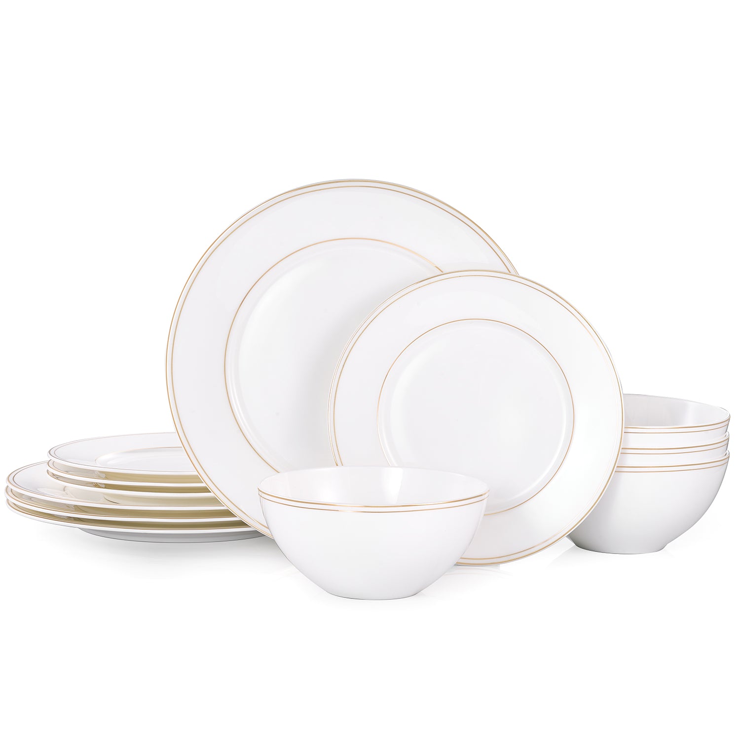 KINGSTONE Bone China Dinnerware Set, Elegant Gold Trim Ceramic Plates & Bowls, Lightweight Translucent Dish Set for Home Dining, Party & Gift