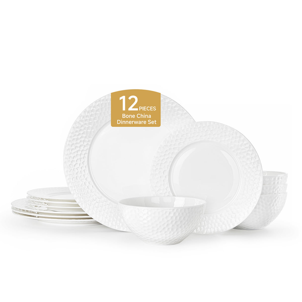 KINGSTONE Bone China Dinnerware Set, White Porcelain Tableware, Hammered Rim Plates and Bowls, Microwave and Dishwasher Safe, Elegant Dish Set for Wedding, Family & Restaurant