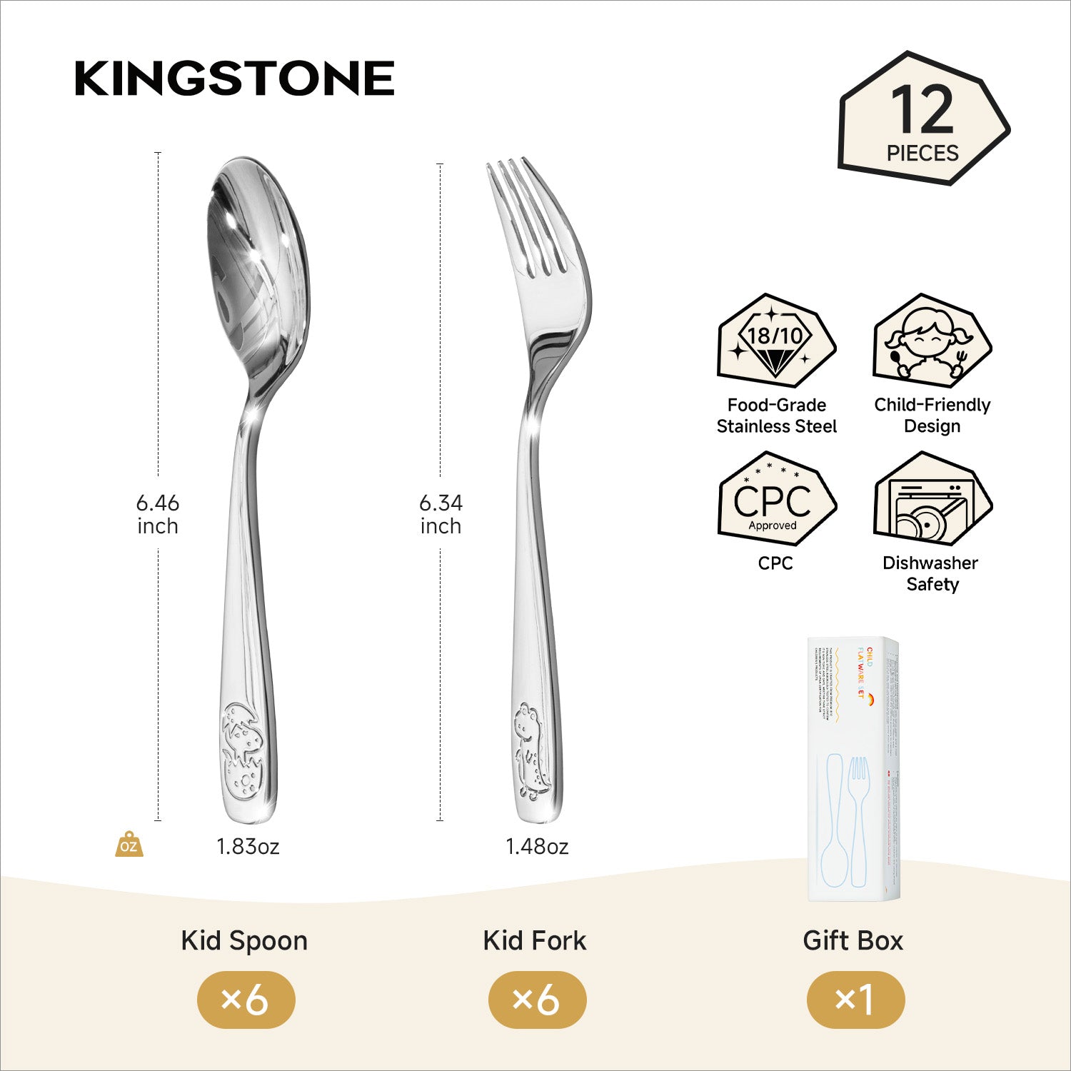 KINGSTONE Toddler Utensils Set with Case, 18/10 Stainless Steel Kids Silverware, Food-Grade Baby Spoons Self Feeding, Children Safe Forks and Spoons, Mirror Polished, Dishwasher Safe