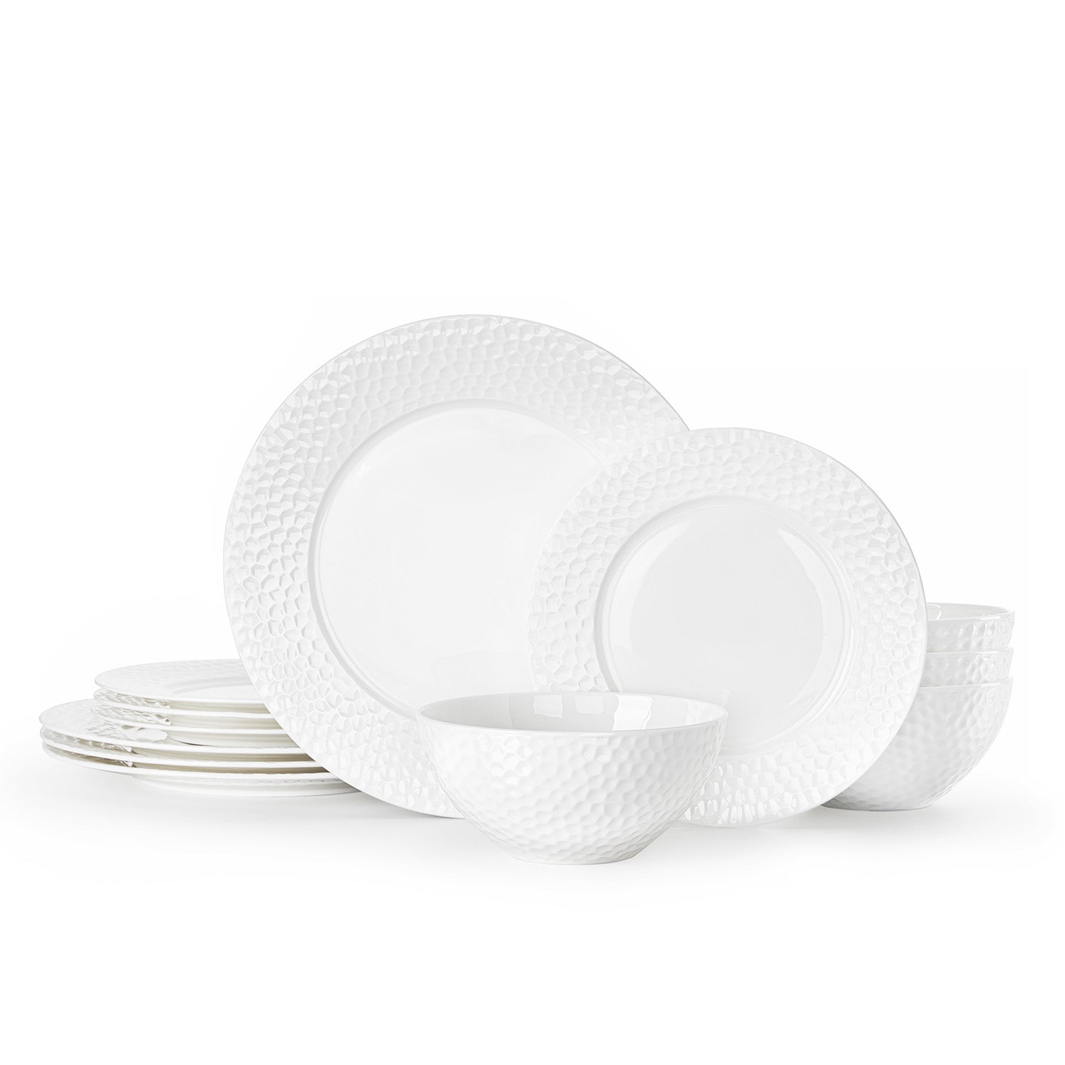 KINGSTONE Bone China Dinnerware Set, White Porcelain Tableware, Hammered Rim Plates and Bowls, Microwave and Dishwasher Safe, Elegant Dish Set for Wedding, Family & Restaurant