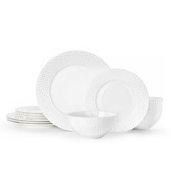 KINGSTONE Bone China Dinnerware Set, White Porcelain Tableware, Hammered Rim Plates and Bowls, Microwave and Dishwasher Safe, Elegant Dish Set for Wedding, Family & Restaurant