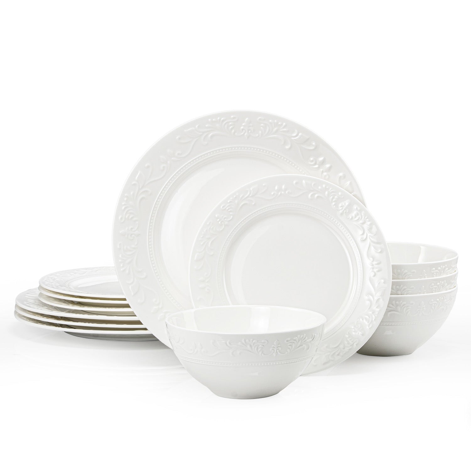 KINGSTONE Bone China Dinnerware Set, 12-Piece Dishes Set for 4, Vintage Relief Ceramic Plates & Bowls, Lightweight Translucent Dishware for Home Dining, Festival Banquet, Party & Gift