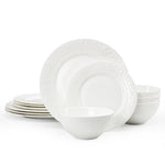 KINGSTONE Bone China Dinnerware Set, 12-Piece Dishes Set for 4, Vintage Relief Ceramic Plates & Bowls, Lightweight Translucent Dishware for Home Dining, Festival Banquet, Party & Gift