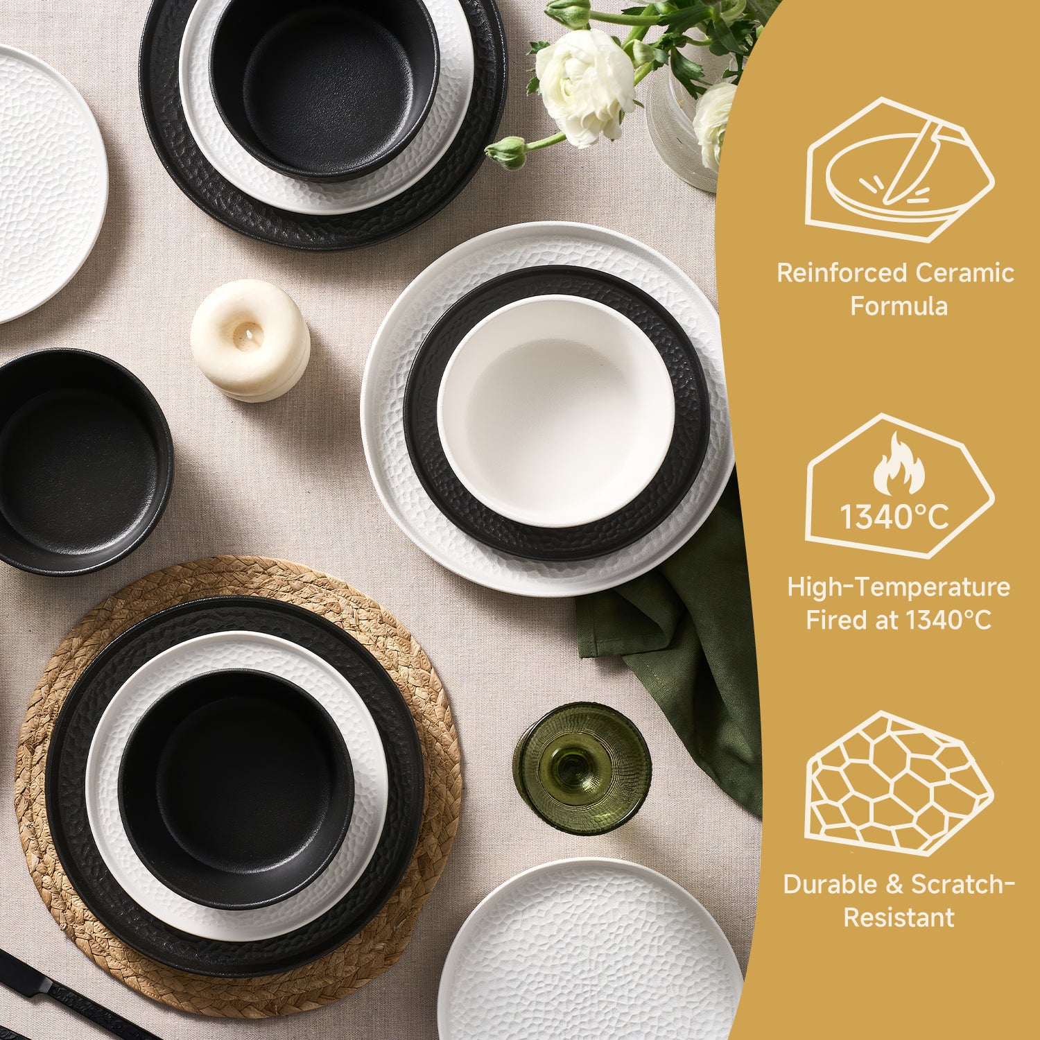 KINGSTONE Ceramic Dinnerware Set, Porcelain Plates and Bowls Set , Matte Black or White, Hammered Texture, Microwave, Dishwasher & Oven Safe, Perfect for Home, Weddings & Gifts
