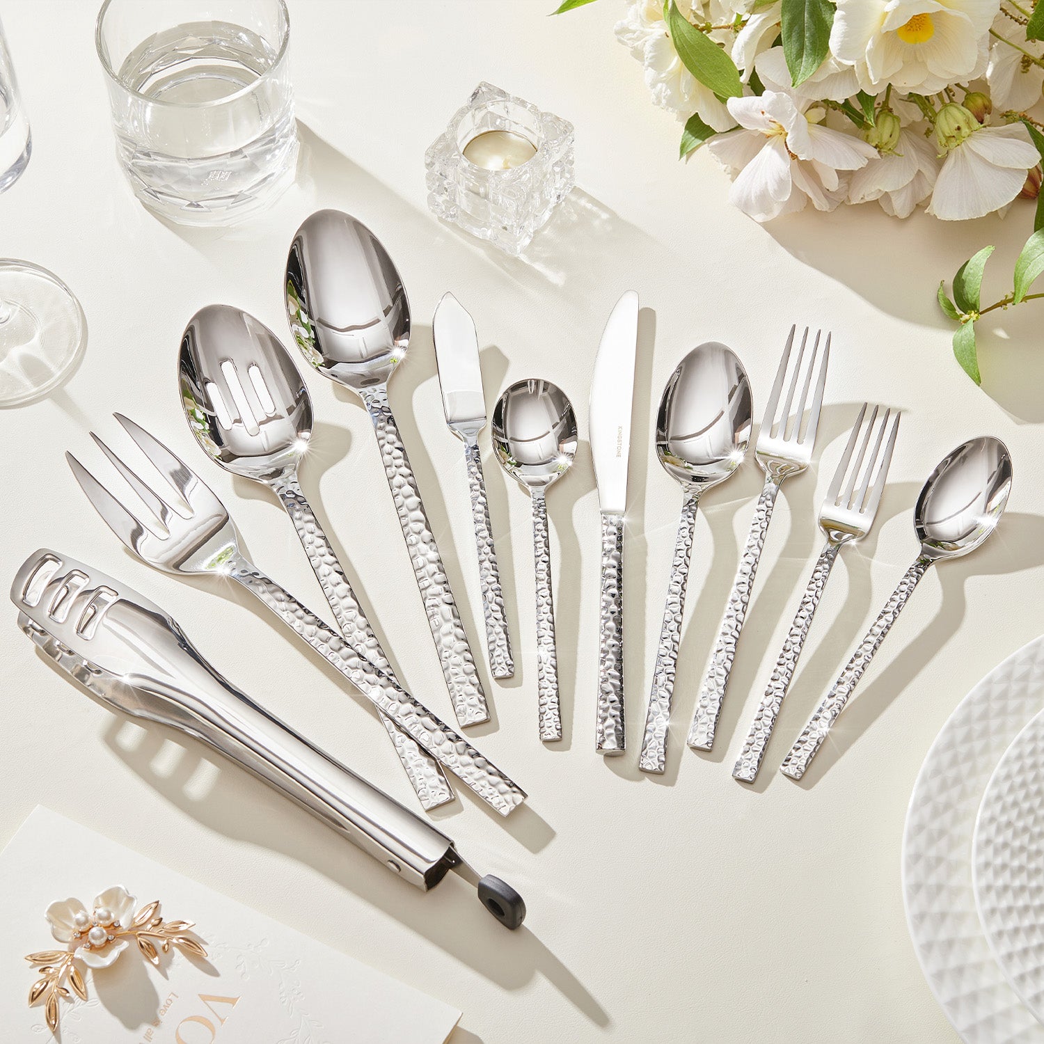 KINGSTONE 18/10 Stainless Steel Silverware Set with Serving Utensils for 8, Cutlery Set with Hammered Pattern for Kitchen, Home, Restaurant, Mirror Polished & Dishwasher Safe