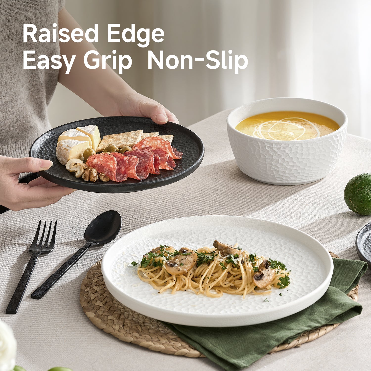 KINGSTONE Ceramic Dinnerware Set, Porcelain Plates and Bowls Set , Matte Black or White, Hammered Texture, Microwave, Dishwasher & Oven Safe, Perfect for Home, Weddings & Gifts