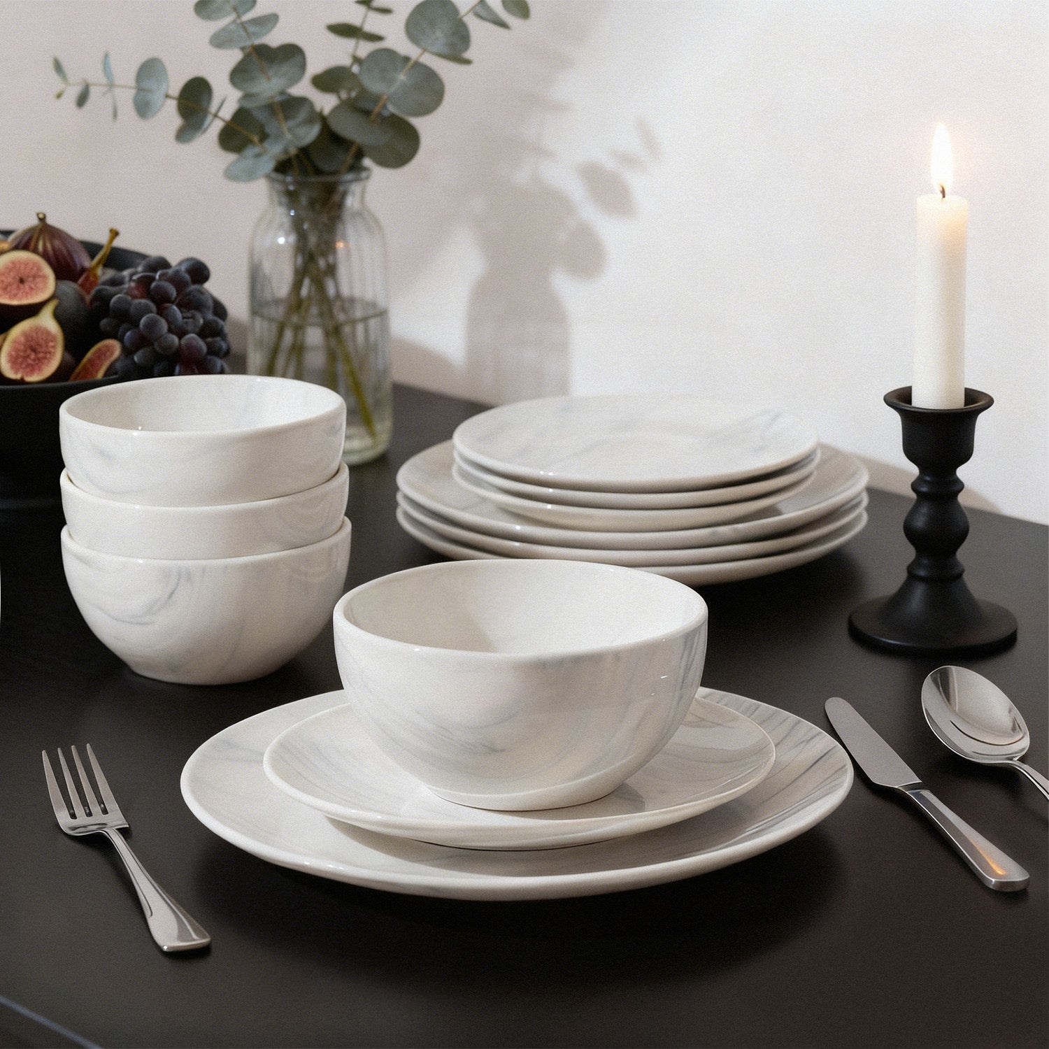 KINGSTONE 12-Piece Stoneware Dinnerware Set for 4, Scratch-Resistant Ceramic Plates and Bowls Dishes for Home, Kitchen, Microwave & Dishwasher Safe, Marble White