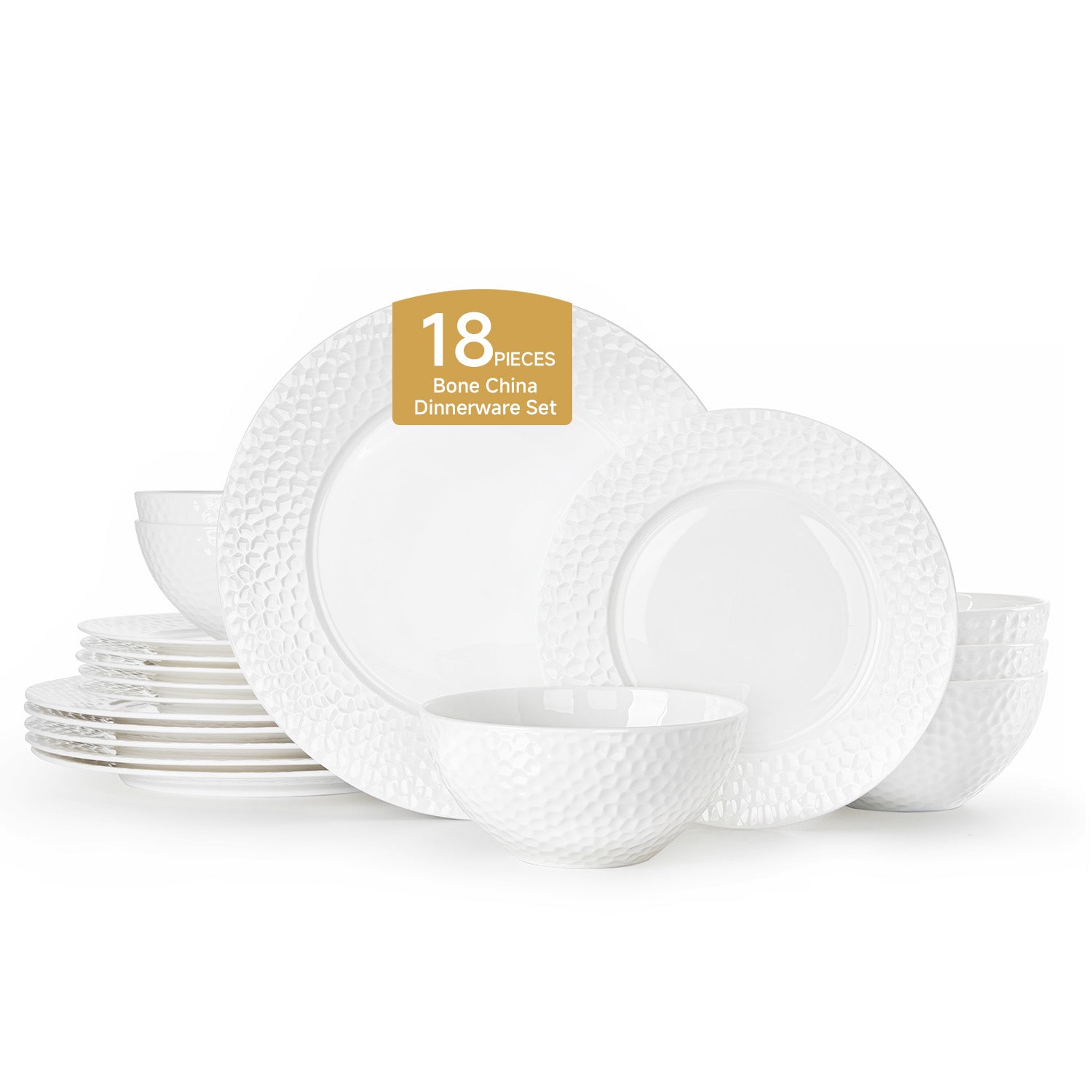 KINGSTONE Bone China Dinnerware Set, White Porcelain Tableware, Hammered Rim Plates and Bowls, Microwave and Dishwasher Safe, Elegant Dish Set for Wedding, Family & Restaurant