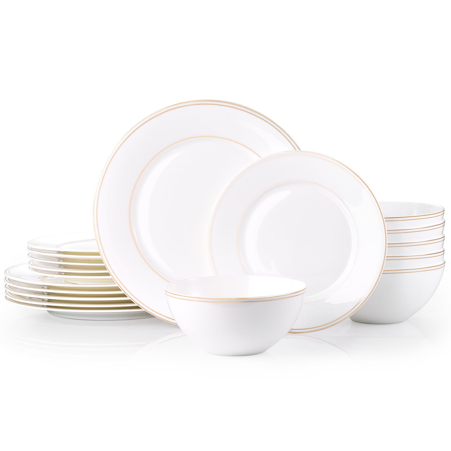 KINGSTONE Bone China Dinnerware Set, Elegant Gold Trim Ceramic Plates & Bowls, Lightweight Translucent Dish Set for Home Dining, Party & Gift