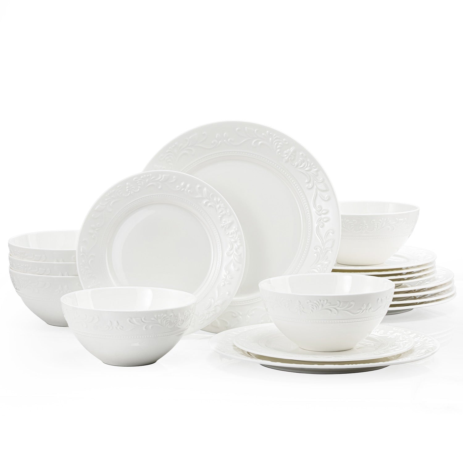 KINGSTONE Bone China Dinnerware Set, 12-Piece Dishes Set for 4, Vintage Relief Ceramic Plates & Bowls, Lightweight Translucent Dishware for Home Dining, Festival Banquet, Party & Gift