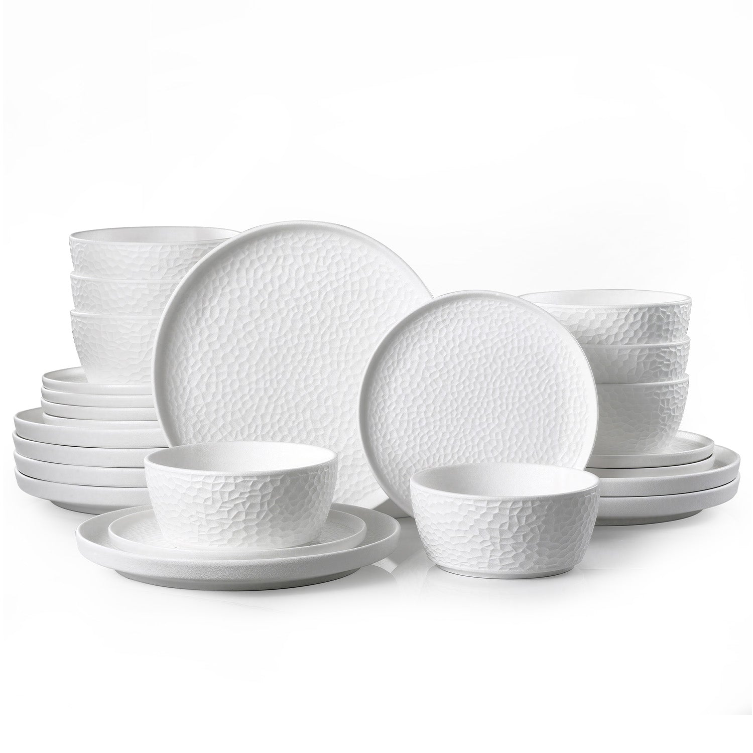 KINGSTONE Ceramic Dinnerware Set, Porcelain Plates and Bowls Set , Matte Black or White, Hammered Texture, Microwave, Dishwasher & Oven Safe, Perfect for Home, Weddings & Gifts