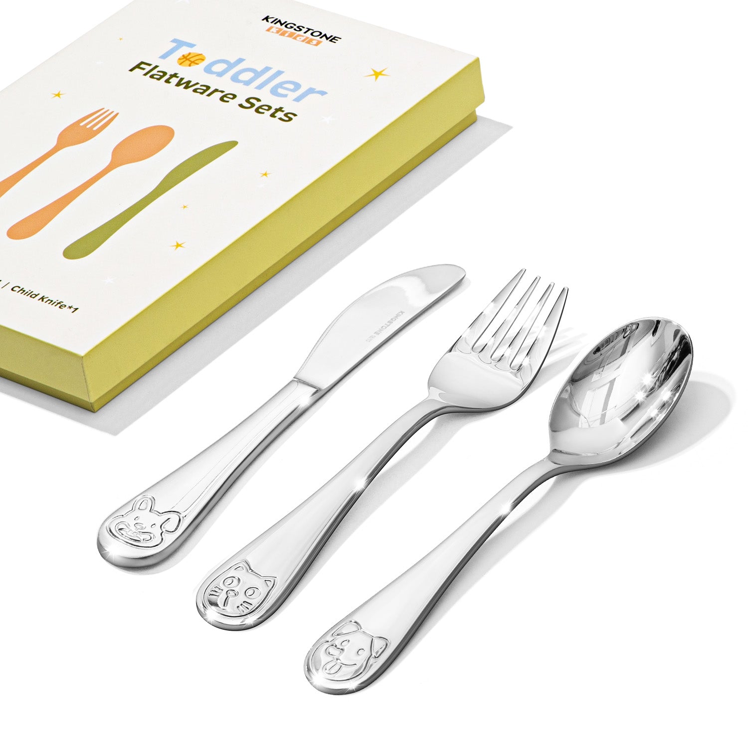 KINGSTONE Toddler Utensils Gift Set, Forks & Spoons, Small & Large, 18/10 Stainless Steel, Ergonomic Flatware for Toddlers & Kids, Self-Feeding