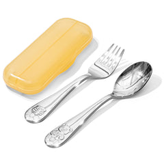 KINGSTONE Toddler Utensils Gift Set, Forks & Spoons, Small & Large, 18/10 Stainless Steel, Ergonomic Flatware for Toddlers & Kids, Self-Feeding, Honey Bear Print