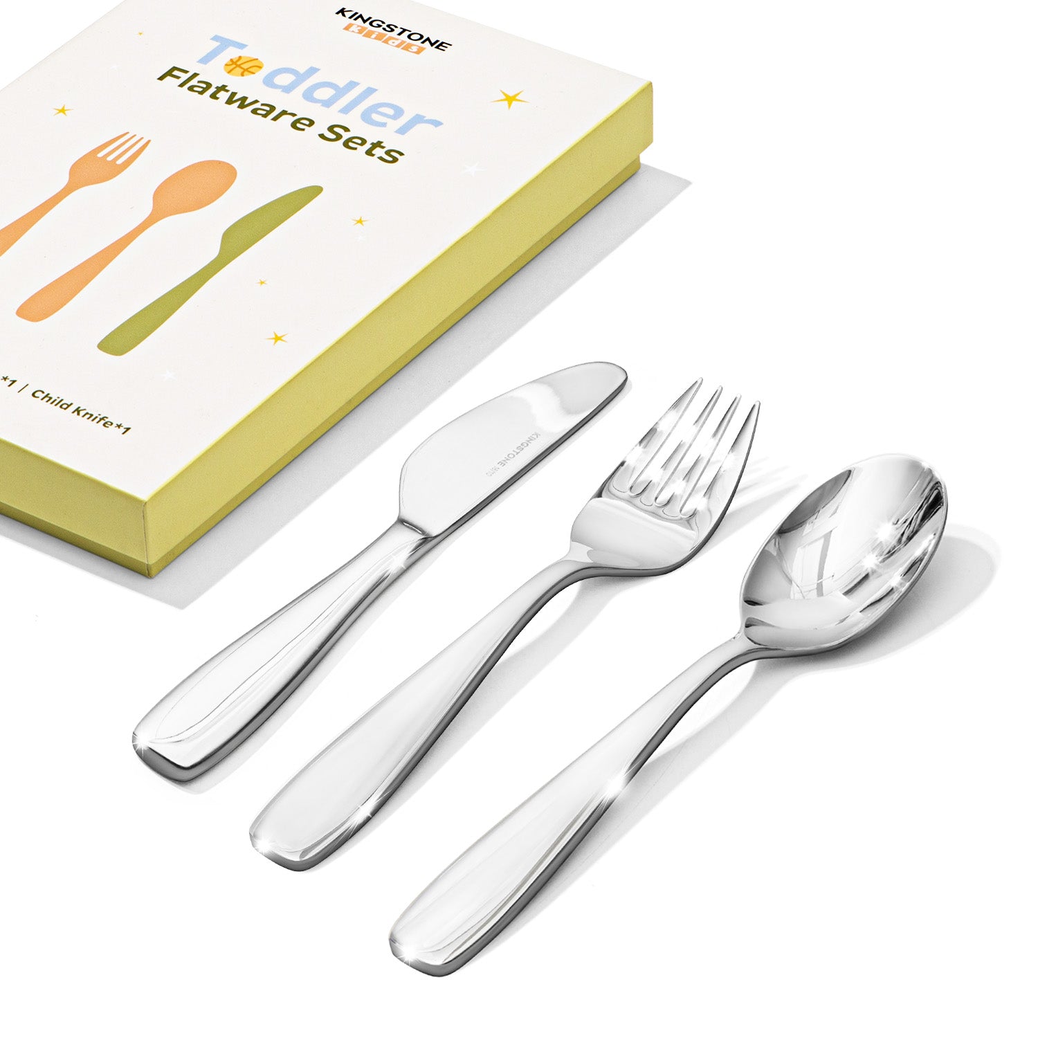 KINGSTONE Toddler Utensils Set with Case, 18/10 Stainless Steel Kids Silverware - Children Safe Small Fork & Spoon, Food-Grade Toddler Dishes, Mirror Polished, Dishwasher Safe