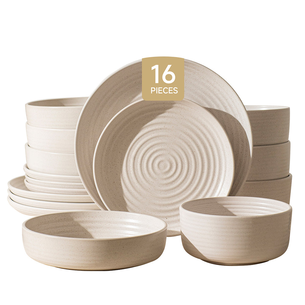 KINGSTONE 16-Piece Stoneware Plates and Bowls Sets for 4, Dinnerware Set for New Apartment Essentials, Microwave & Dishwasher Safe, Speckled White