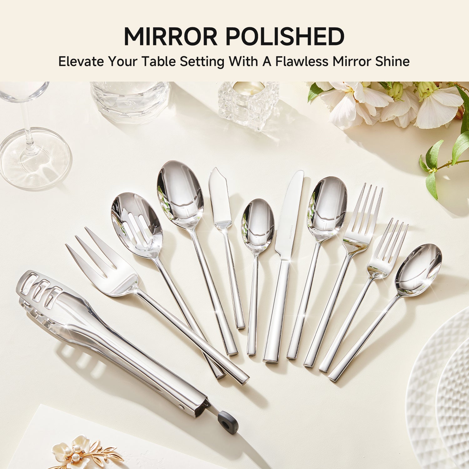 KINGSTONE Silverware Set with Serving Pieces, 18/10 Stainless Steel Flatware Service for 8, Mirror Polished Cutlery, Dishwasher Safe