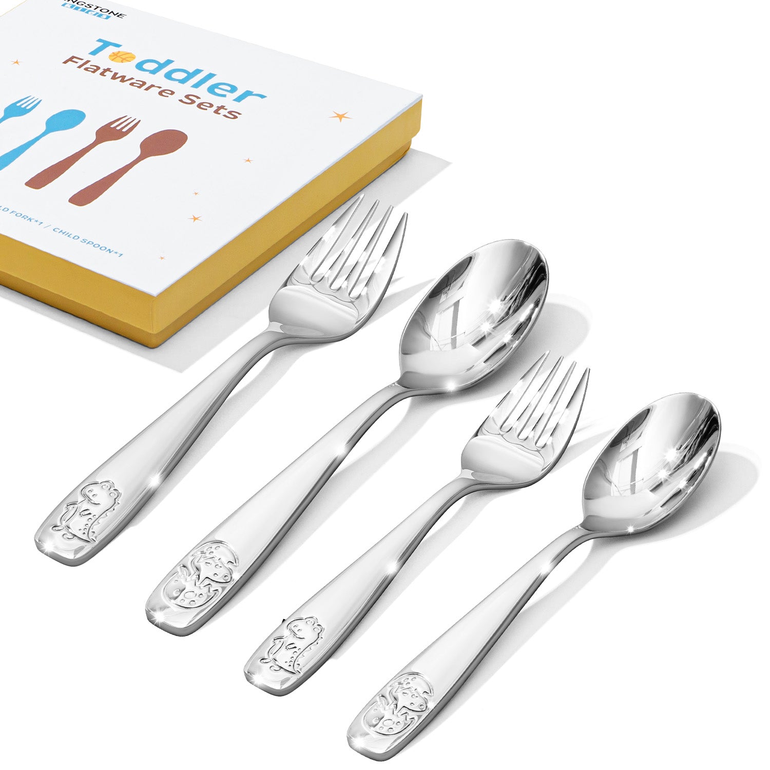 KINGSTONE Toddler Utensils Set with Case, 18/10 Stainless Steel Kids Silverware, Food-Grade Baby Spoons Self Feeding, Children Safe Forks and Spoons, Mirror Polished, Dishwasher Safe