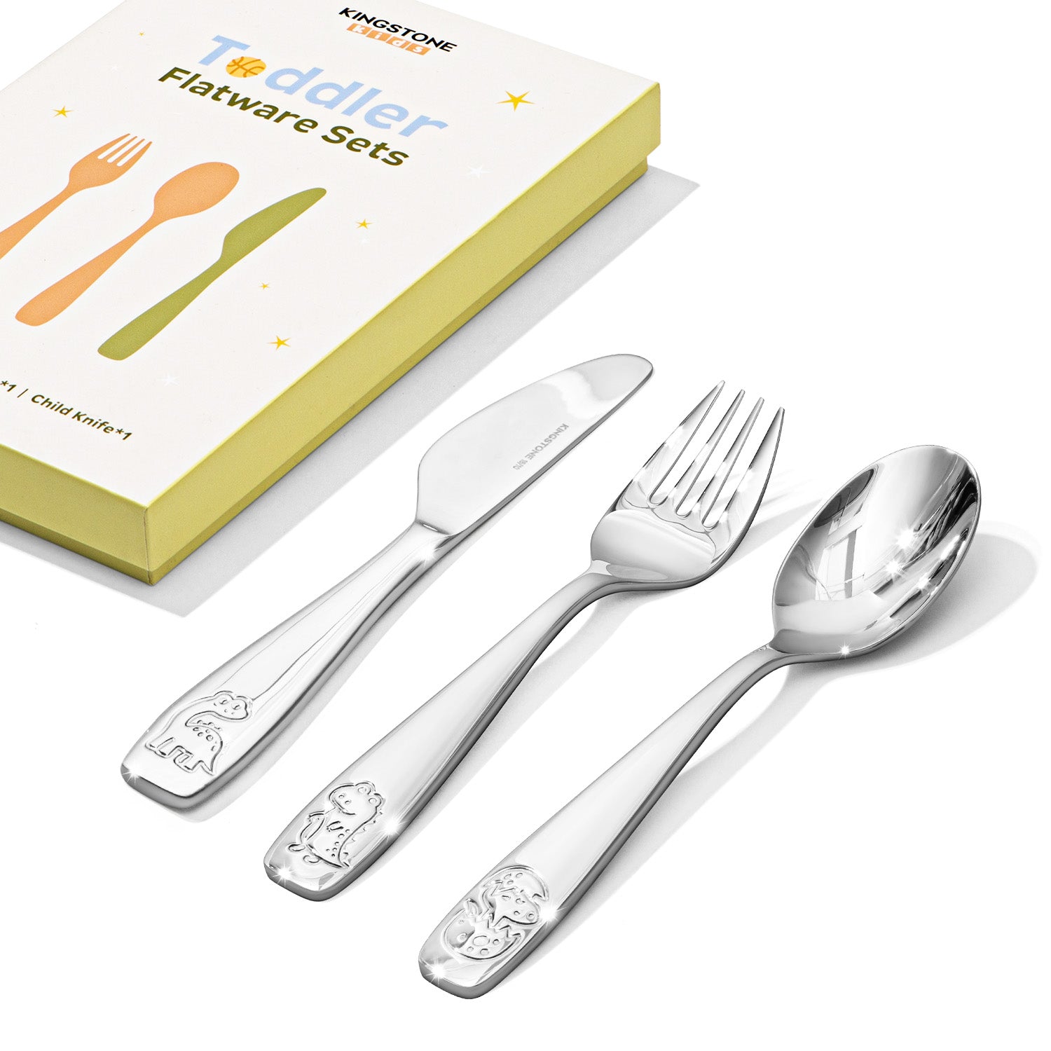 KINGSTONE Toddler Utensils Set with Case, 18/10 Stainless Steel Kids Silverware, Food-Grade Baby Spoons Self Feeding, Children Safe Forks and Spoons, Mirror Polished, Dishwasher Safe