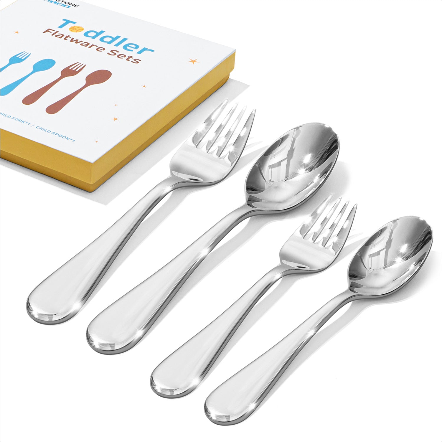 KINGSTONE Toddler Utensils Set, Forks and Spoons, 18/10 Stainless Steel Kids Silverware for Self-Feeding Training, Food-Grade Flatware Set for Traveling, Dishwasher Safe