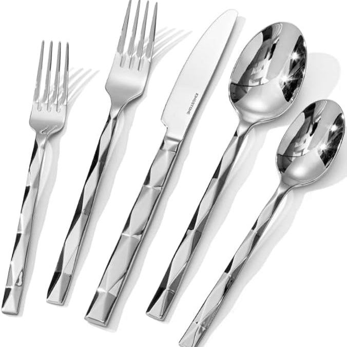 KINGSTONE Silverware Set, Luxury Flatware Set, 18/10 Stainless Steel Cutlery Set with Diamond Cut Pattern for Kitchen, Home, Wedding, Party, Mirror Polished and Dishwasher Safe