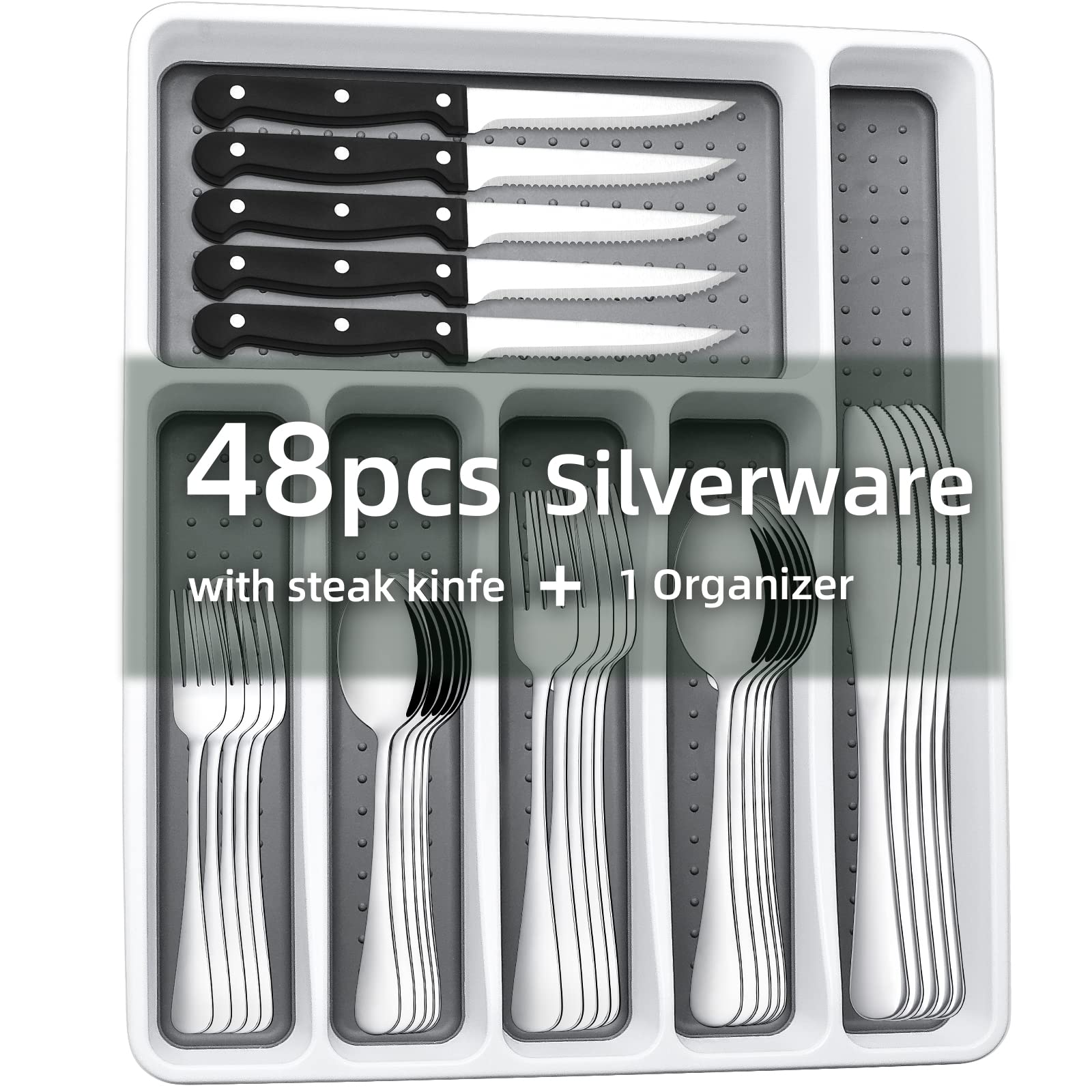KINGSTONE 49-Piece Black Silverware Set for 8, 304 Stainless Steel Flatware with Organizer and Steak Knives, Dishwasher Safe