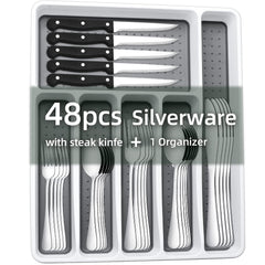KINGSTONE 49-Piece Black Silverware Set for 8, 304 Stainless Steel Flatware with Organizer and Steak Knives, Dishwasher Safe
