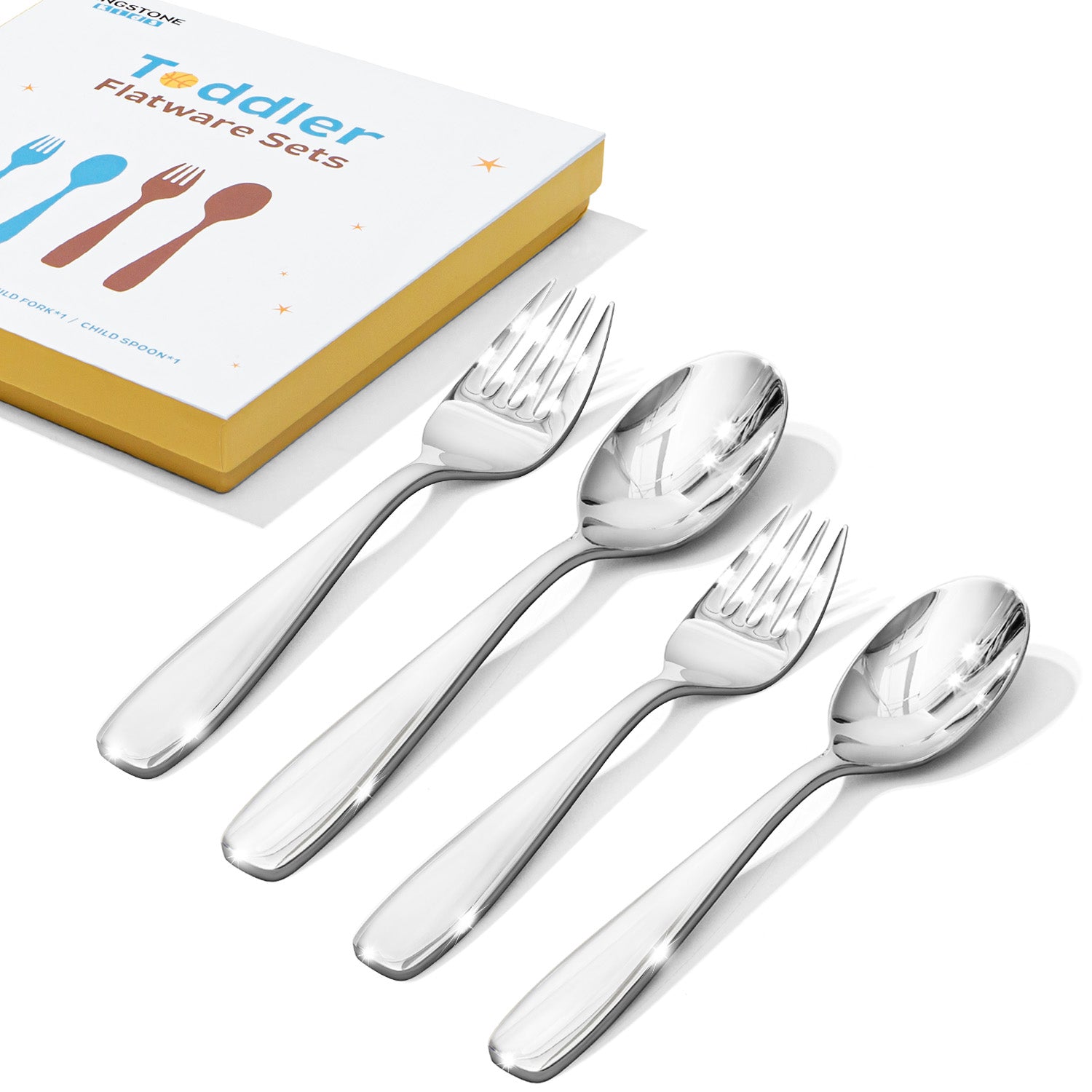 KINGSTONE Toddler Utensils Set with Case, 18/10 Stainless Steel Kids Silverware - Children Safe Small Fork & Spoon, Food-Grade Toddler Dishes, Mirror Polished, Dishwasher Safe