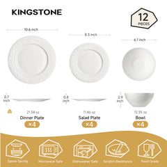 KINGSTONE Bone China Dinnerware Set, 12-Piece Dishes Set for 4, Vintage Relief Ceramic Plates & Bowls, Lightweight Translucent Dishware for Home Dining, Festival Banquet, Party & Gift
