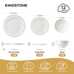 KINGSTONE Bone China Dinnerware Set, Elegant Gold Trim Ceramic Plates & Bowls, Lightweight Translucent Dish Set for Home Dining, Party & Gift