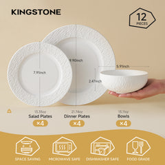 KINGSTONE Stoneware Dinnerware Sets, Matte Marble Pattern Premium Porcelain dishes set, Plates and Bowls Sets, Place Setting with Dinner Plate, Salad Plate, Pasta Bowl