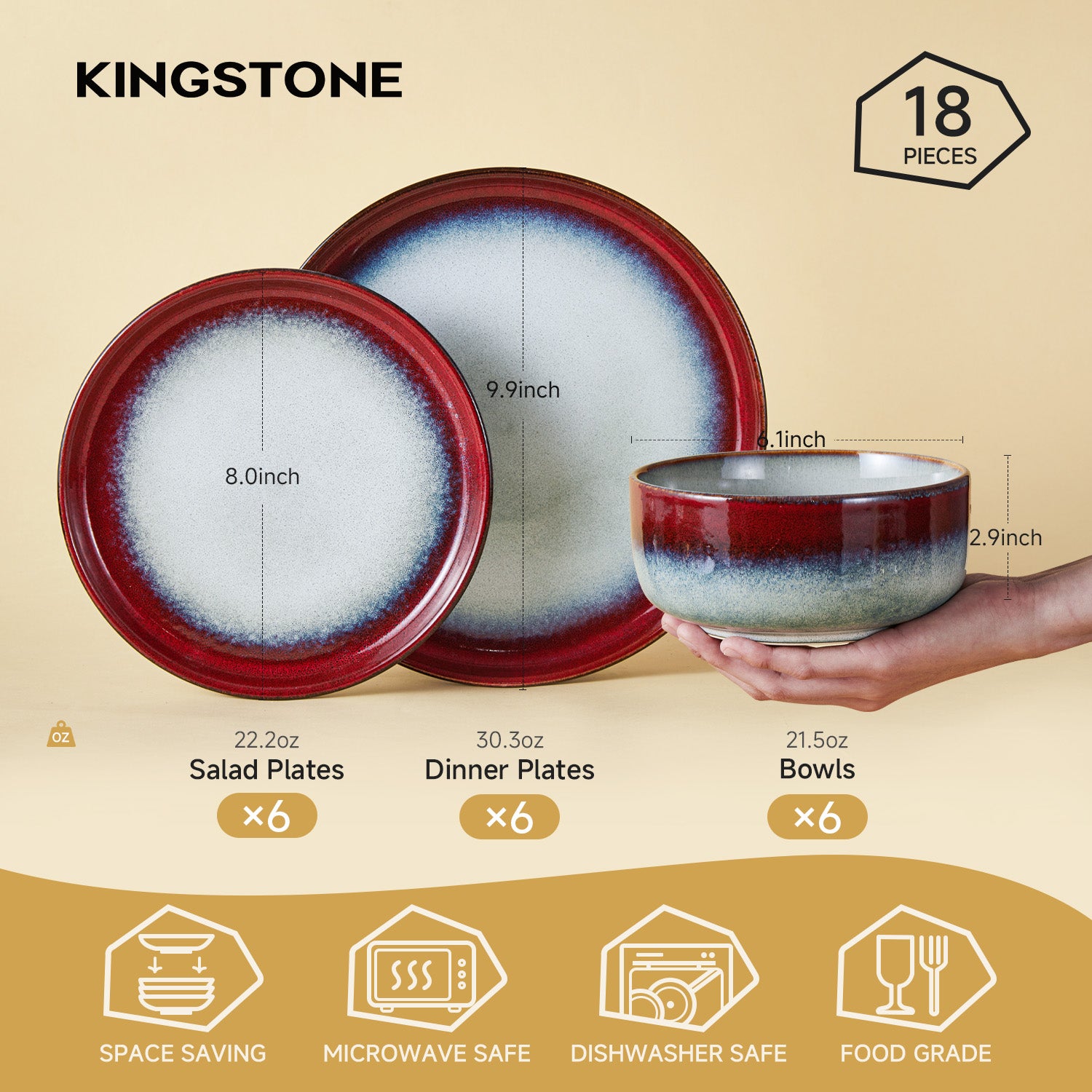KINGSTONE Stoneware Dinnerware Sets,  Reactive Glaze Plates and Bowls Sets, Scratch-Resistant Rustic Ceramic Dish Set for Home Kitchen, Microwave and Dishwasher Safe