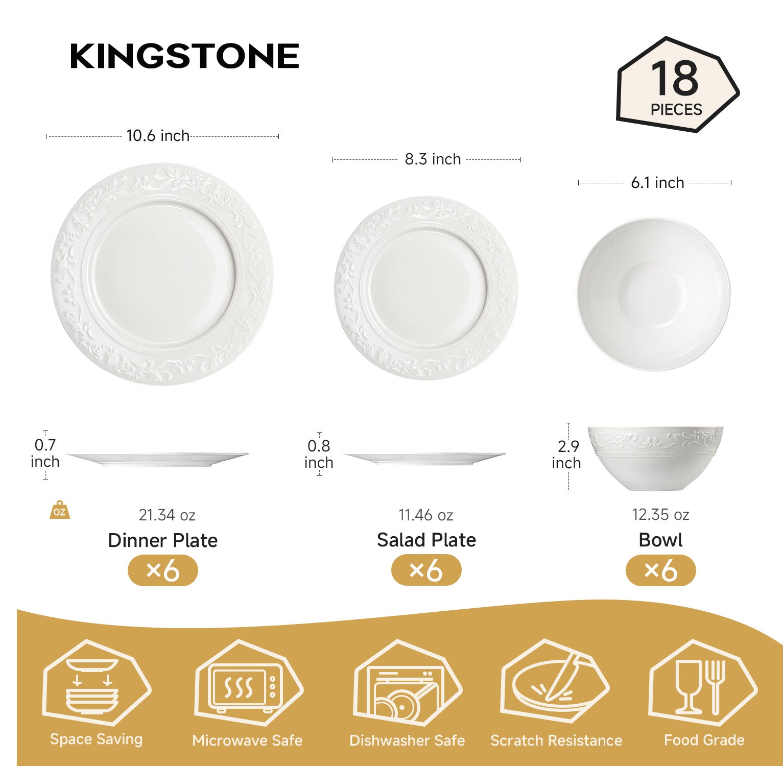 KINGSTONE Bone China Dinnerware Set, 12-Piece Dishes Set for 4, Vintage Relief Ceramic Plates & Bowls, Lightweight Translucent Dishware for Home Dining, Festival Banquet, Party & Gift