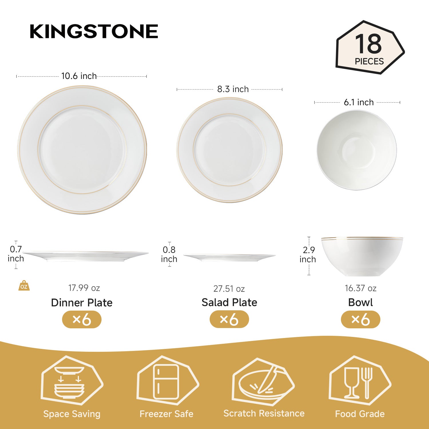 KINGSTONE Bone China Dinnerware Set, Elegant Gold Trim Ceramic Plates & Bowls, Lightweight Translucent Dish Set for Home Dining, Party & Gift