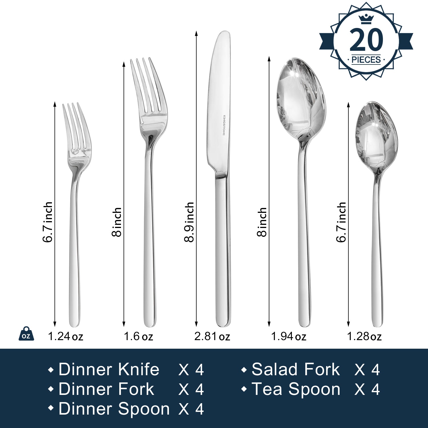 KINGSTONE Silverware Set, Flatware Set for 8, 18/10 Stainless Steel Cutlery Set Mirror Polished Modern Design Dishwasher Safe, Matte Silver