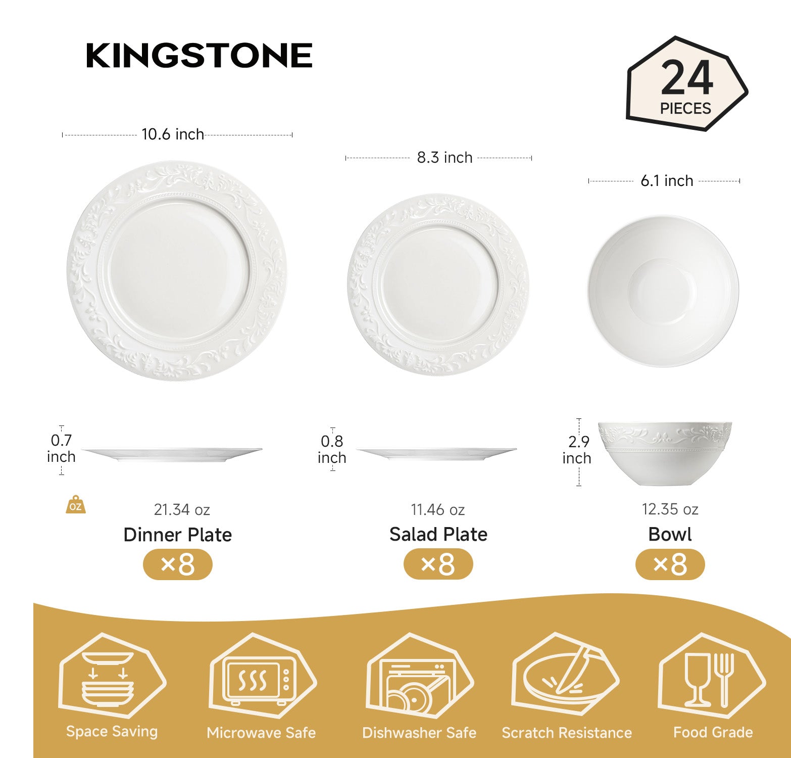 KINGSTONE Bone China Dinnerware Set, 12-Piece Dishes Set for 4, Vintage Relief Ceramic Plates & Bowls, Lightweight Translucent Dishware for Home Dining, Festival Banquet, Party & Gift